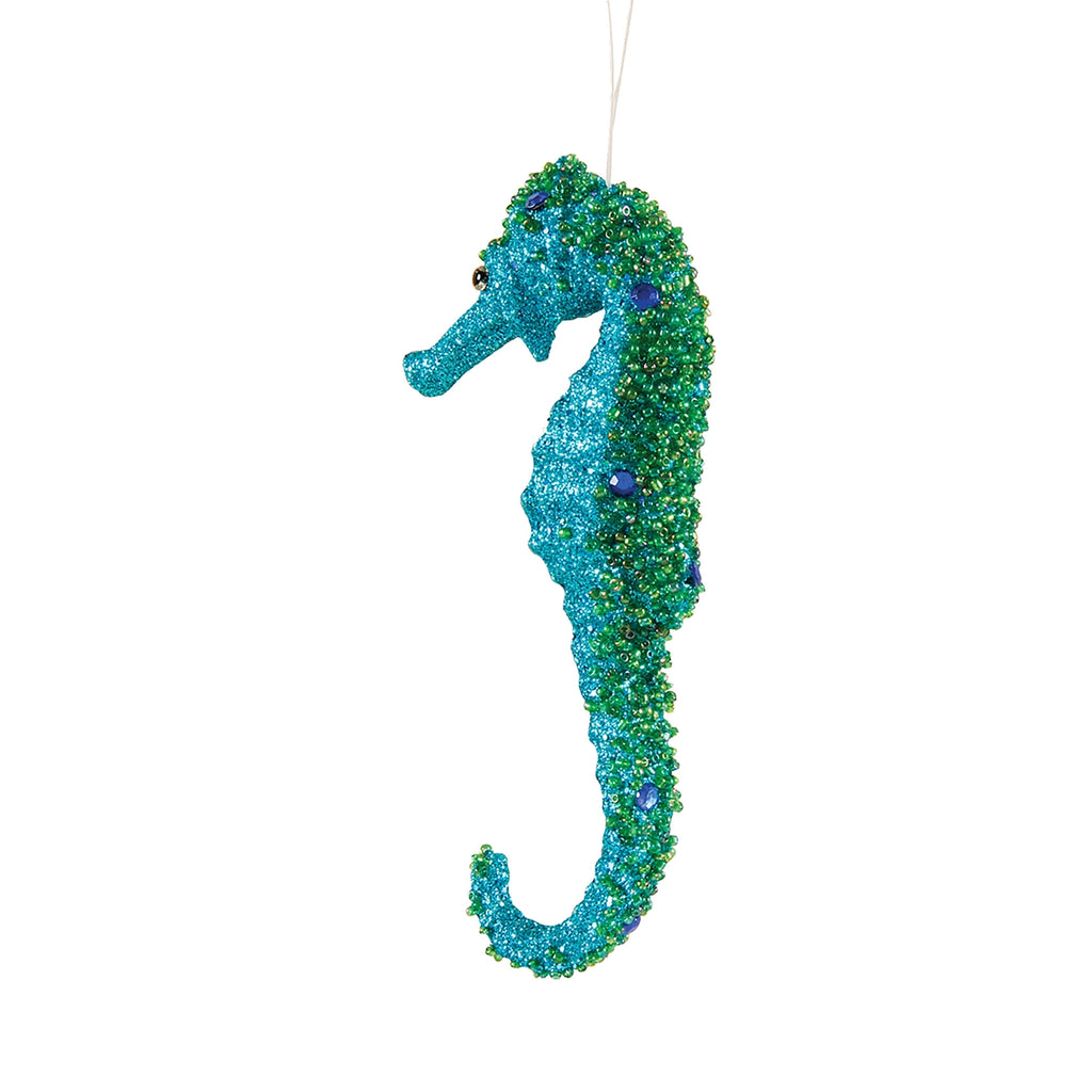 Teal Glitter Seahorse Ornament, 6" - Monogram Market