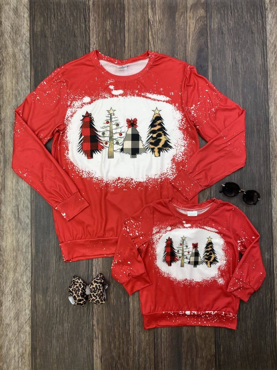 Christmas Trees Red Bleach Speckled Shirt - Girls: 6y - Monogram Market