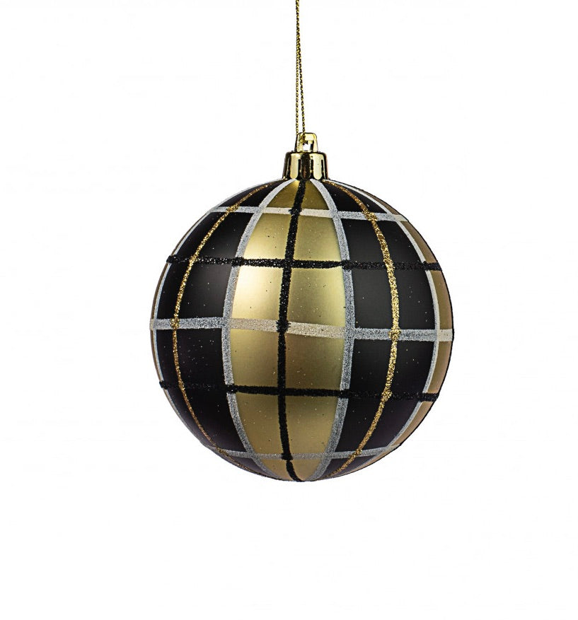 Plaid Ball Ornament - Black/Gold/White, 4" - Monogram Market