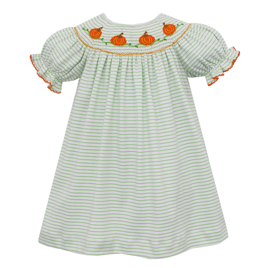 Petit Bebe - Green Stripe Knit Dress with Smocked Pumpkins - Monogram Market