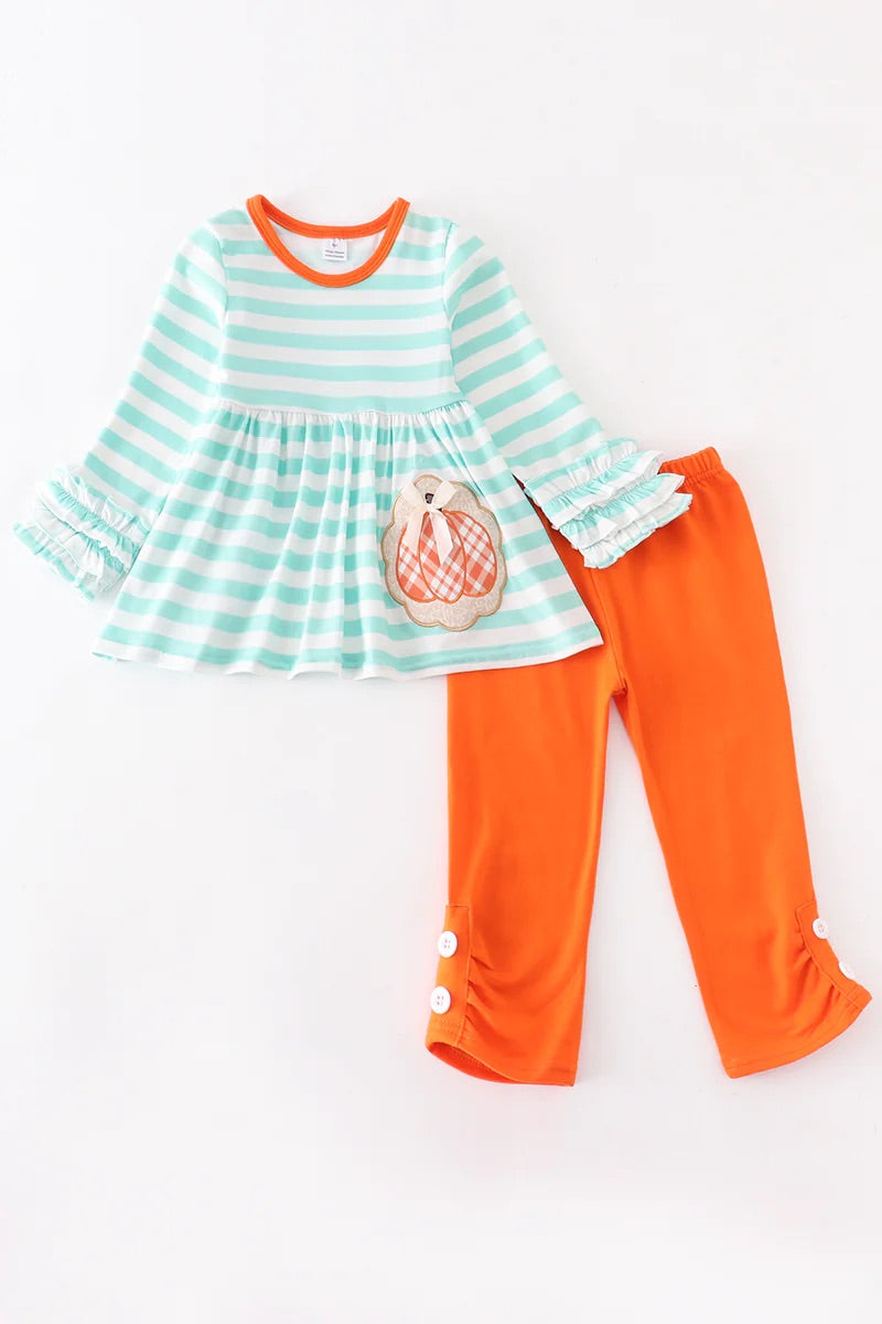 Girl's Mint Stripe Pumpkin Appliqué Set - Monogram Market