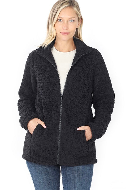 Soft Sherpa Jacket with Side Pockets, Black - Monogram Market