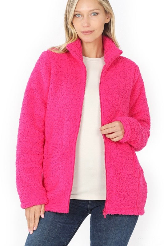 Soft Sherpa Jacket with Side Pockets, Hot Pink - Monogram Market