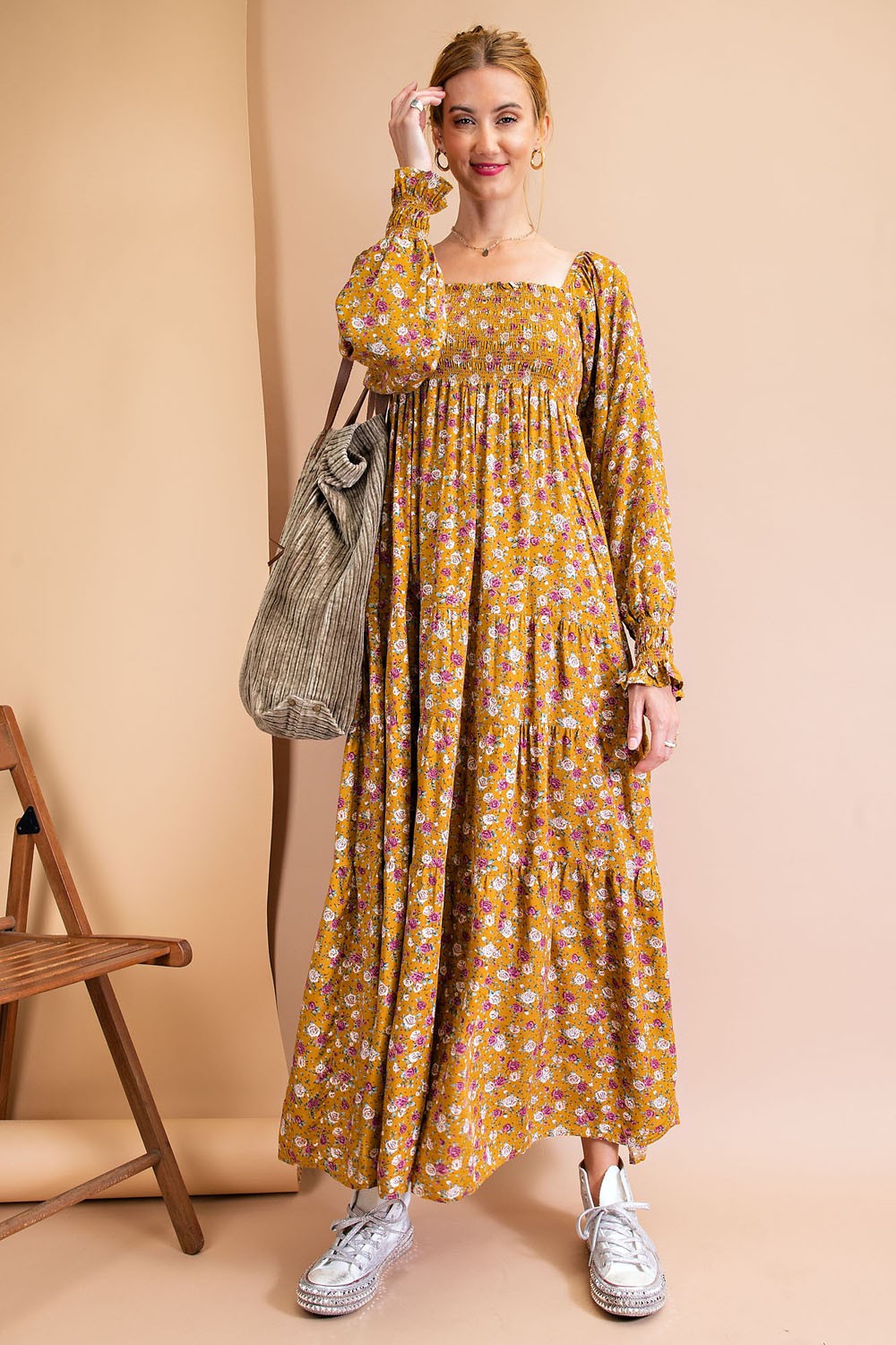 Floral Print Maxi Dress, Mustard - Monogram Market