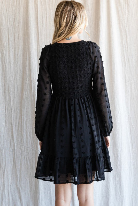 Jodifl - Swiss Dot Smocked Bodice Baby Doll Dress, Black L Jodifl - Swiss Dot Smocked Bodice Baby Doll Dress, Black L