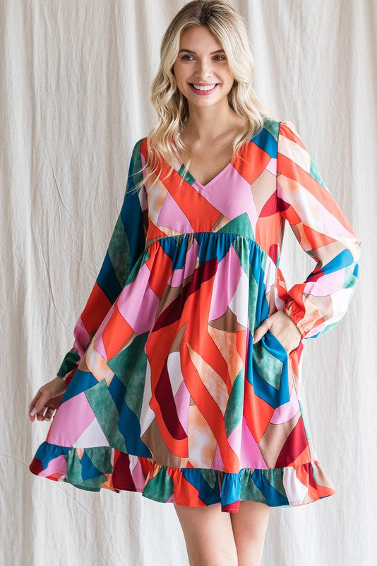 Jodifl - Geometric Print Baby Doll Frill Dress, Burgundy Mix L Jodifl - Geometric Print Baby Doll Frill Dress, Burgundy Mix L