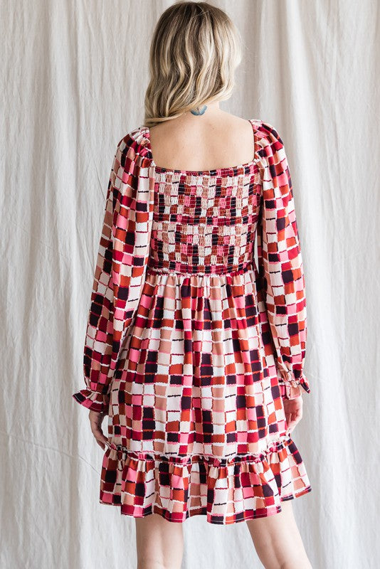 Jodifl - Geometric Print Baby Doll Dress, Rust - Monogram Market