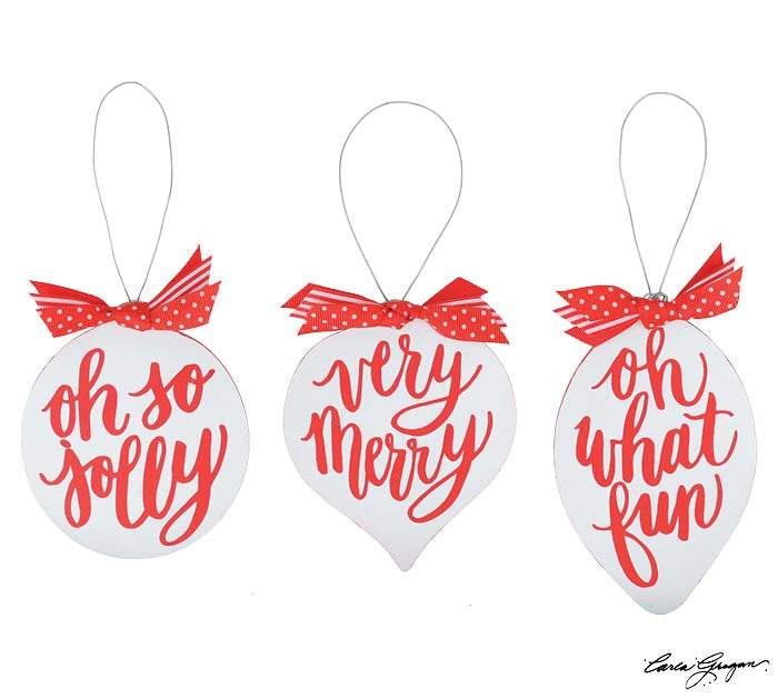 Wooden Ornaments w/Fun Messages, Red & White - Monogram Market