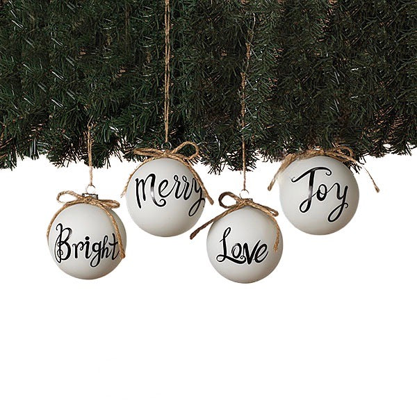 Bright, Merry, Love & Joy on White Glass Christmas Ornaments , 4" - Monogram Market