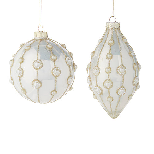 RAZ - Pearl Embellished White Glass Christmas Ornaments, 4" - Monogram Market