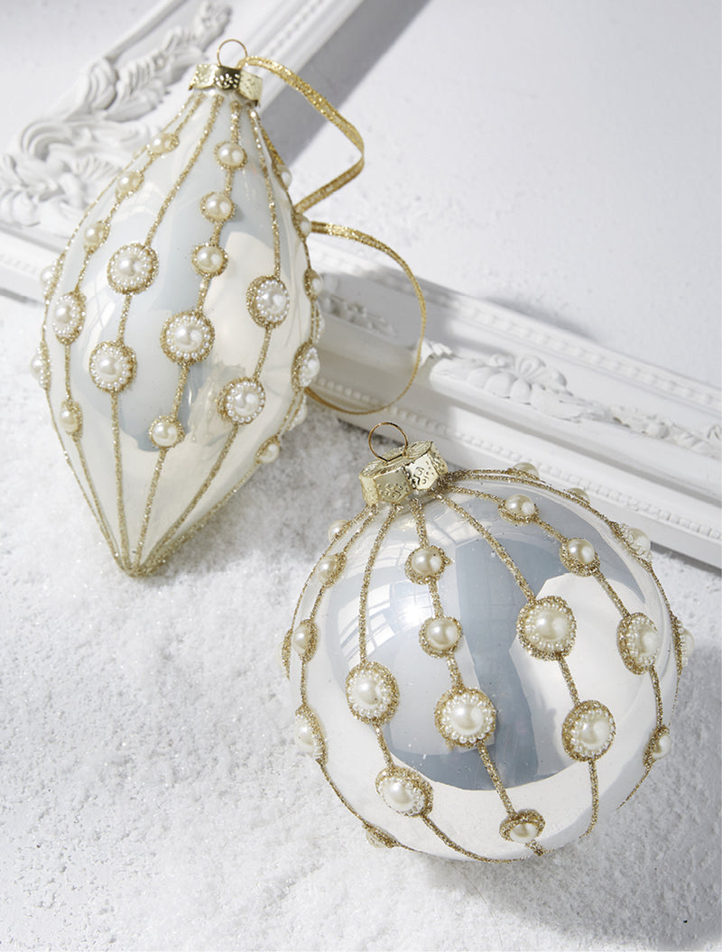 RAZ - Pearl Embellished White Glass Christmas Ornaments, 4" - Monogram Market