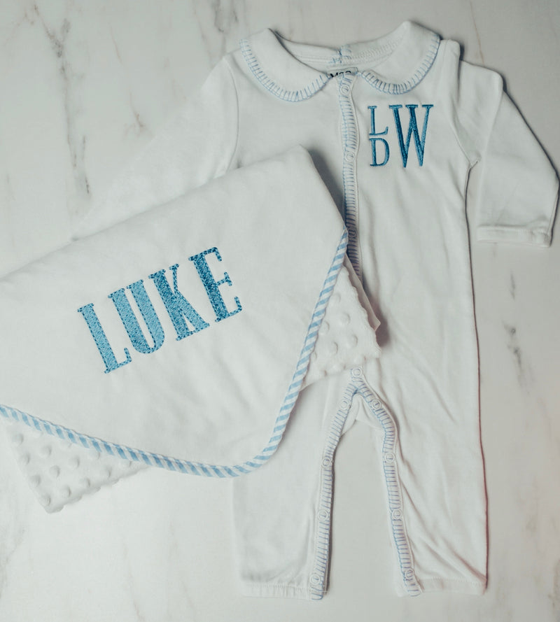 Baby Romper, Blue Stitched Trim - Monogram Market