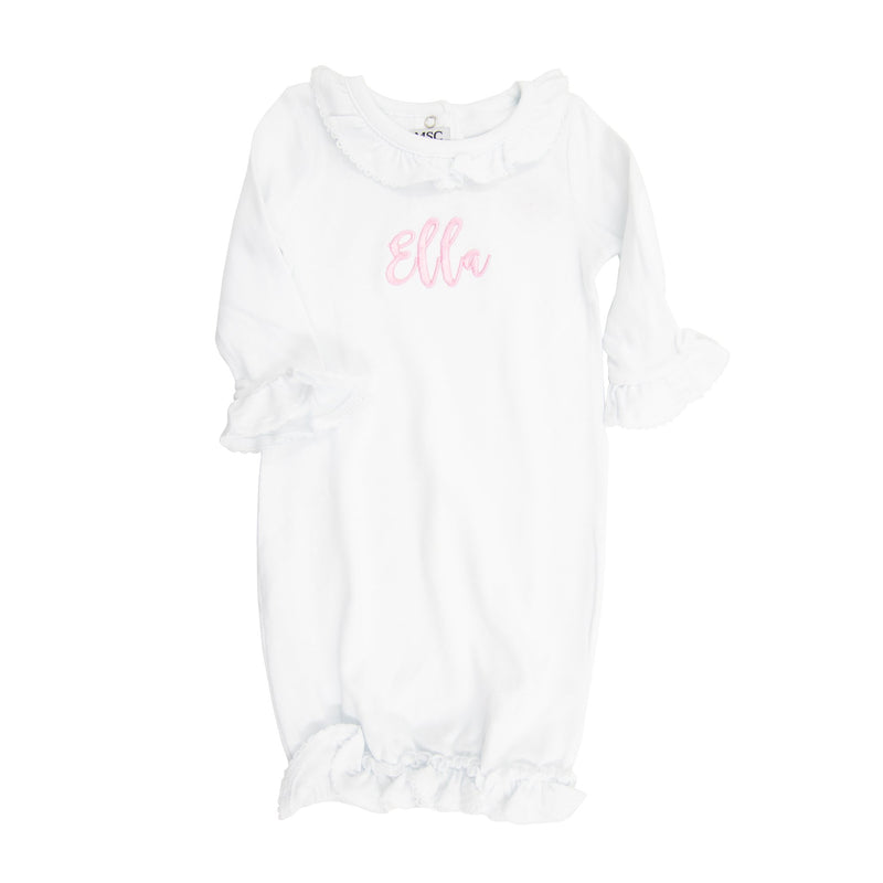 Baby Gown, White Ruffle Trim - Monogram Market