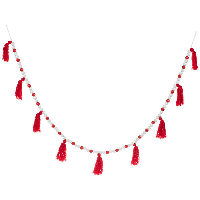 Red & White Wood Bead Garland w/ Tassels, 72