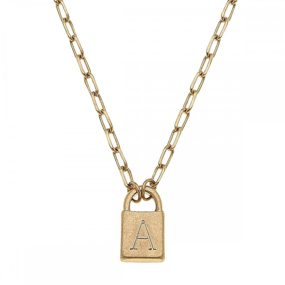 Initial Padlock Pendant Necklace, Worn Gold - Monogram Market