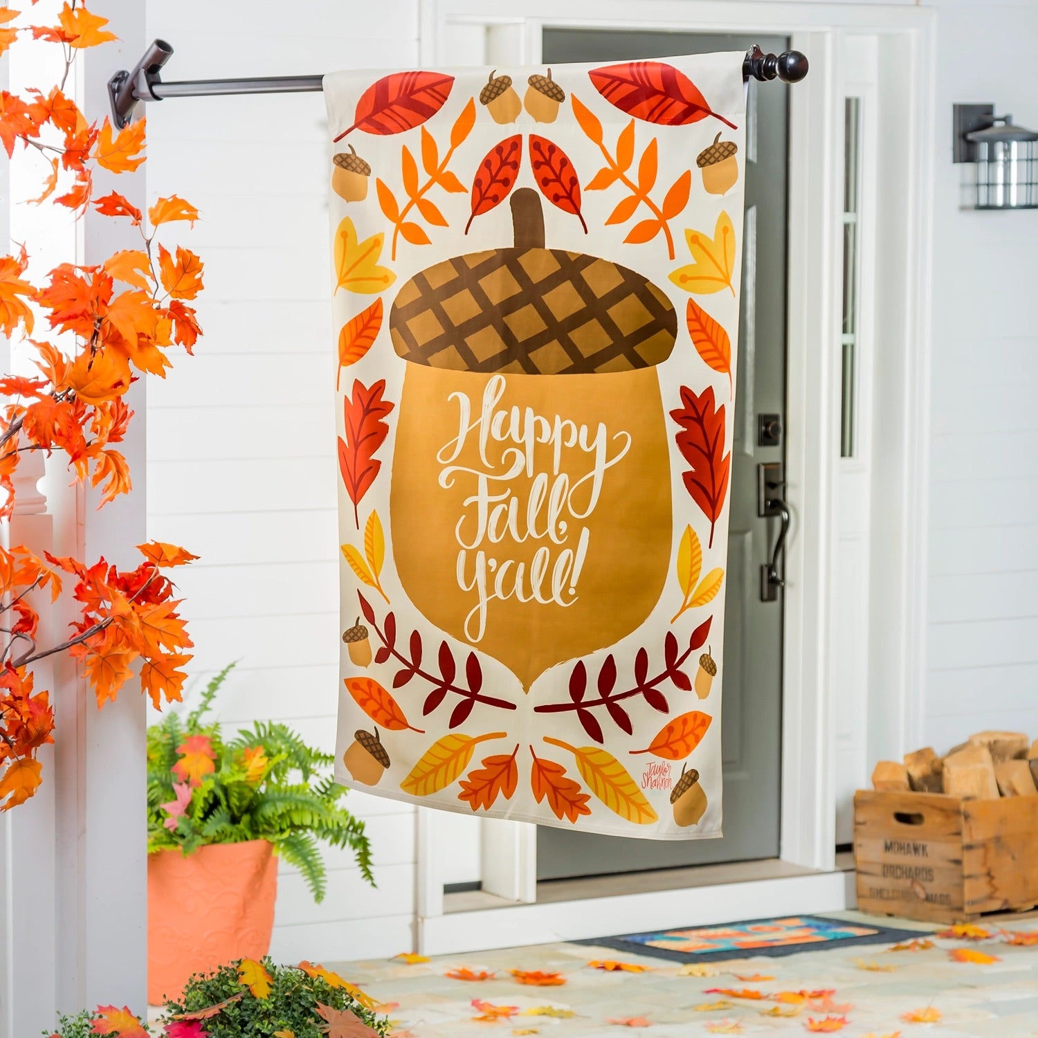 Happy Fall Acorn House Linen Flag - Thumbnail 2