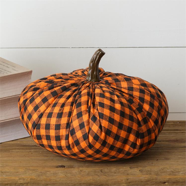 Orange and Black Plaid Fabric Pumpkin, Large - Monogram Market