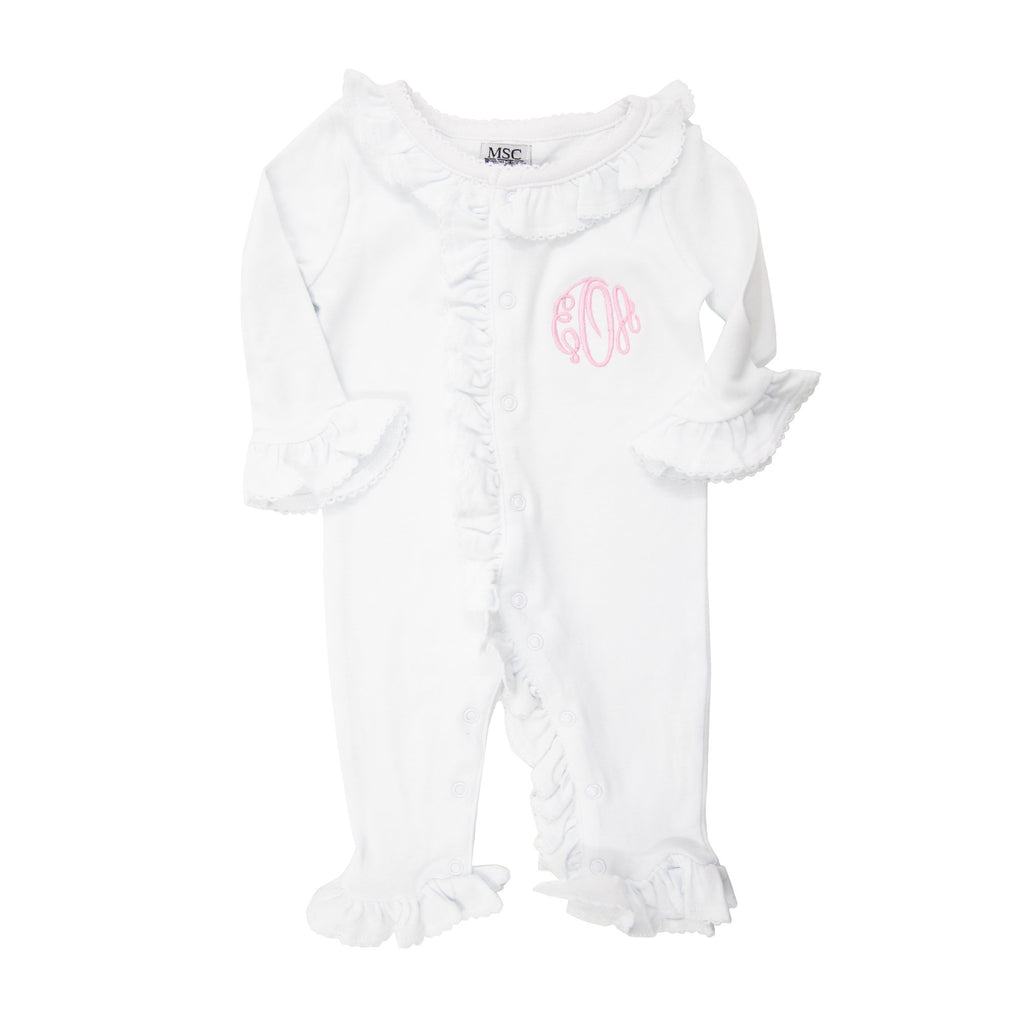 Baby Romper, White Ruffle Trim - Monogram Market