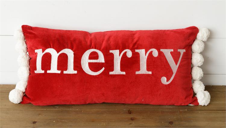 Merry Velvet Pom Pom Christmas Pillow, Red - Monogram Market