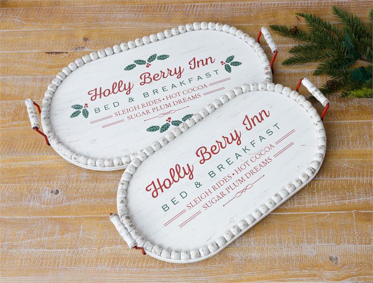 Holly Berry Inn Christmas Trays - Oval with Beaded Edge - Monogram Market