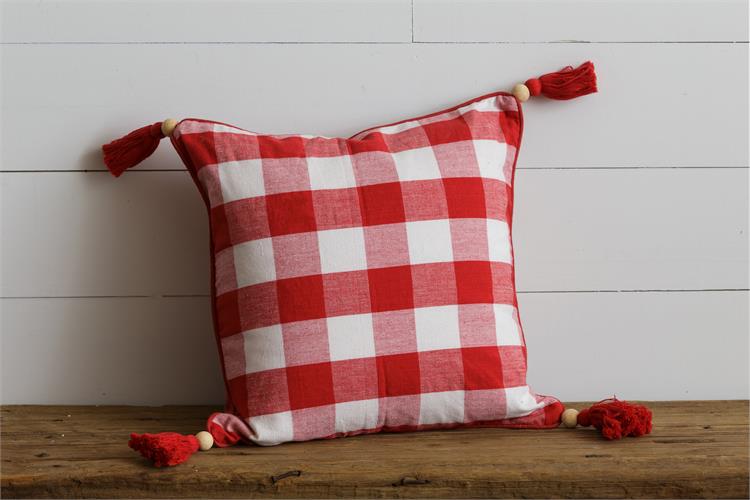 Red Check Plaid Throw Pillow with Tassels, 16" - Monogram Market