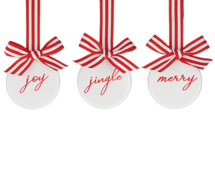 Ceramic Ornaments w/Bow Hanger - Merry, Joy, Jingle - Monogram Market