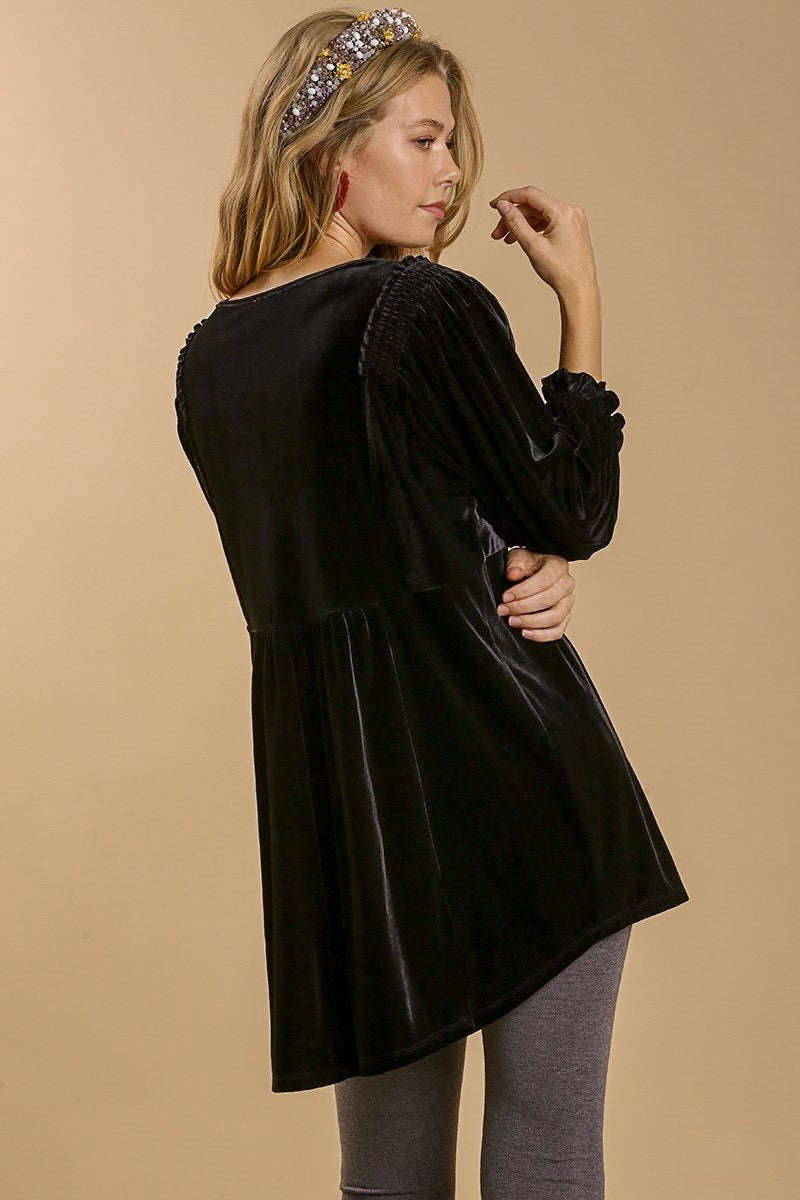 Umgee - Velvet Long Sleeve Smocked Tunic/Dress, Black - Monogram Market