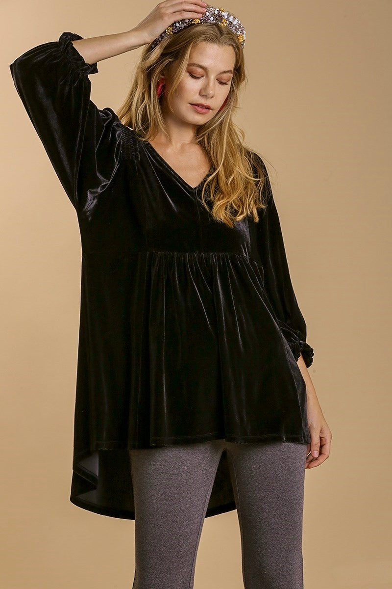 Umgee - Velvet Long Sleeve Smocked Tunic/Dress, Black - Monogram Market