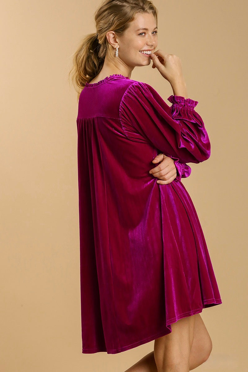 Umgee - Velvet Long Sleeve Dress, Magenta - Monogram Market