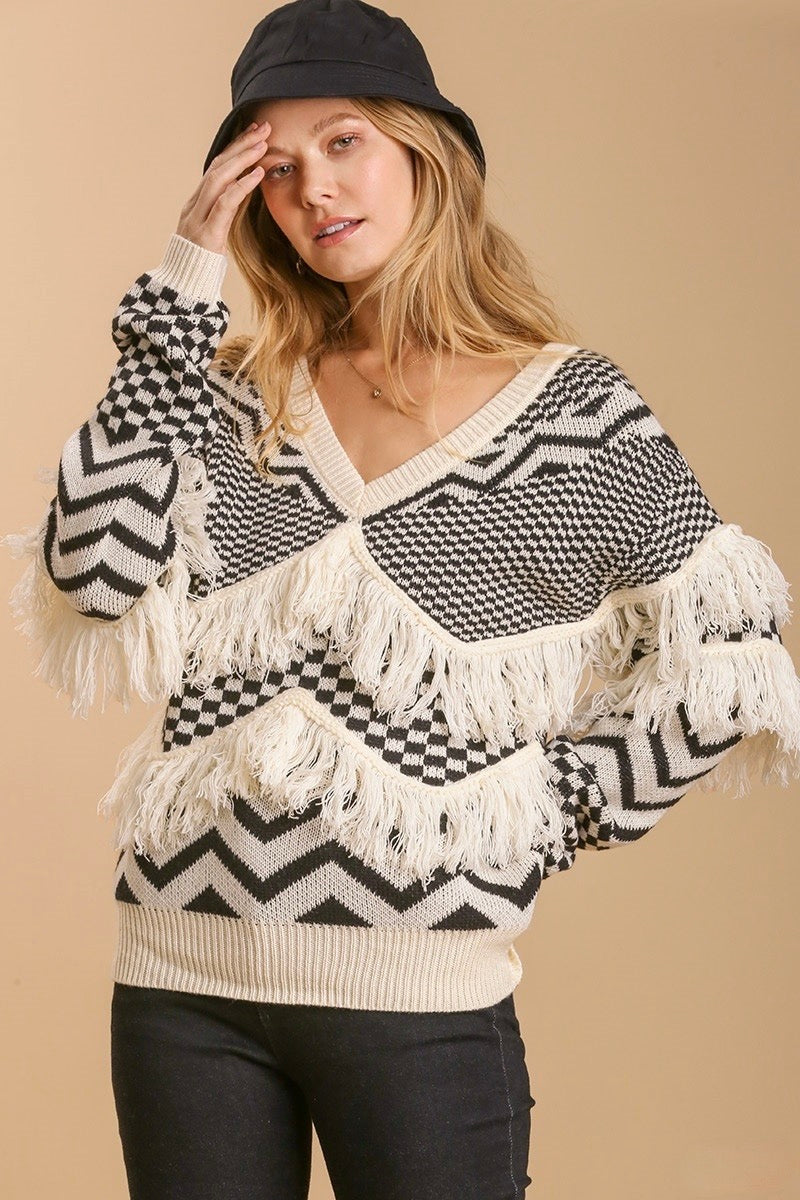 Umgee - Printed V-Neck Sweater with Fringe Detail, Black - Monogram Market