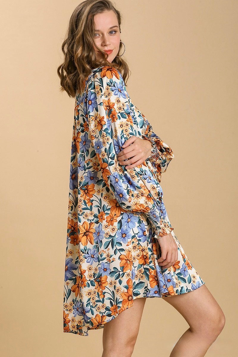 Umgee - Floral Long Sleeve Dress, Champagne Mix L Umgee - Floral Long Sleeve Dress, Champagne Mix L