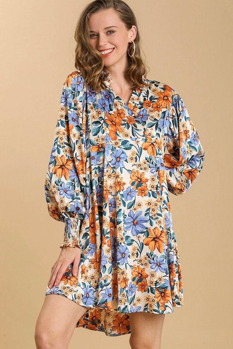 Umgee - Floral Long Sleeve Dress, Champagne Mix L Umgee - Floral Long Sleeve Dress, Champagne Mix L