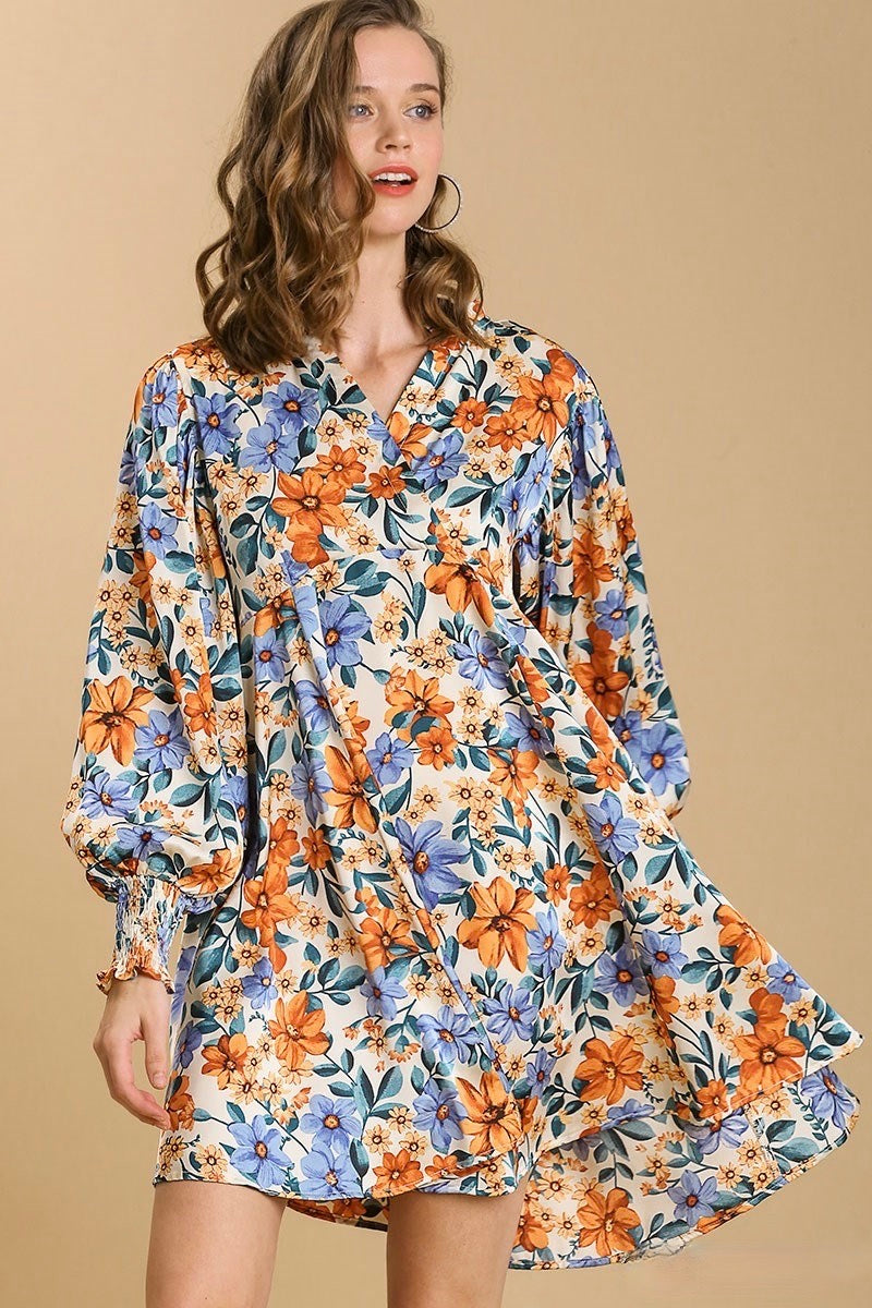 Umgee - Floral Long Sleeve Dress, Champagne Mix L Umgee - Floral Long Sleeve Dress, Champagne Mix L
