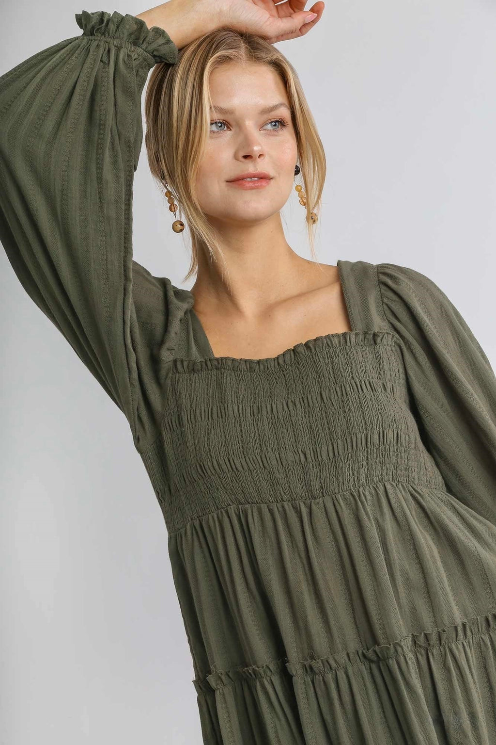 Umgee - Long Sleeve Smocked Midi Dress, Olive - Monogram Market