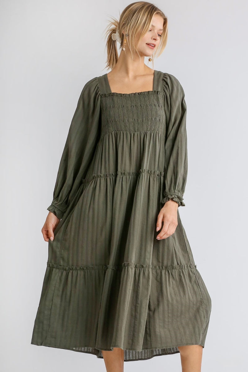 Umgee - Long Sleeve Smocked Midi Dress, Olive - Monogram Market