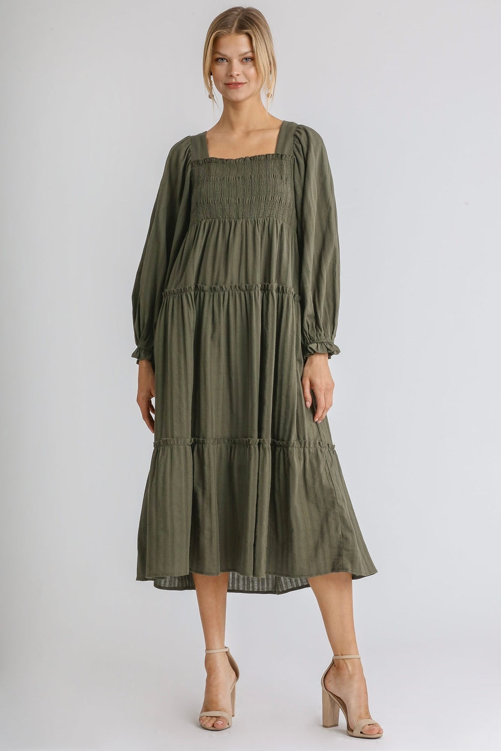 Umgee - Long Sleeve Smocked Midi Dress, Olive - Monogram Market