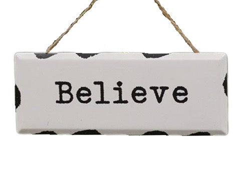 Distressed Metal "Believe" Holiday Ornament, 5.8" - Monogram Market