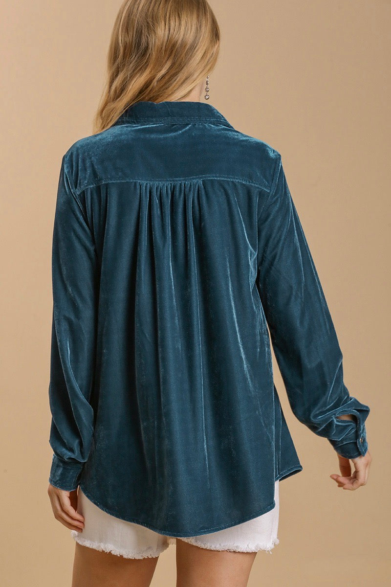 Umgee - Long Sleeve Velvet Button Up Top, Peacock Blue - Monogram Market