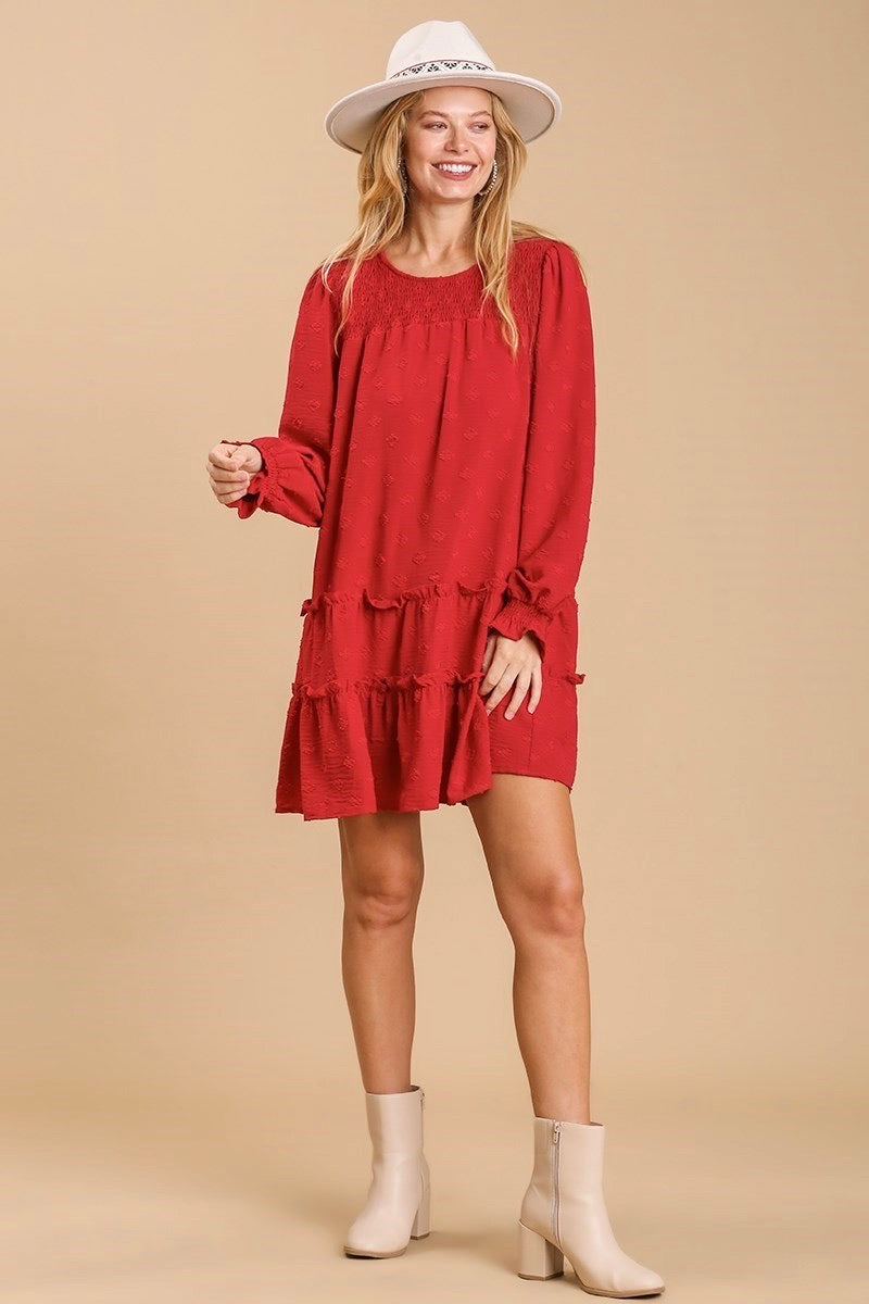 umgee red dress Umgee Small Red Fluer De Lis Dress Bell Sleeve Knee Length Sheer Cotton Poly