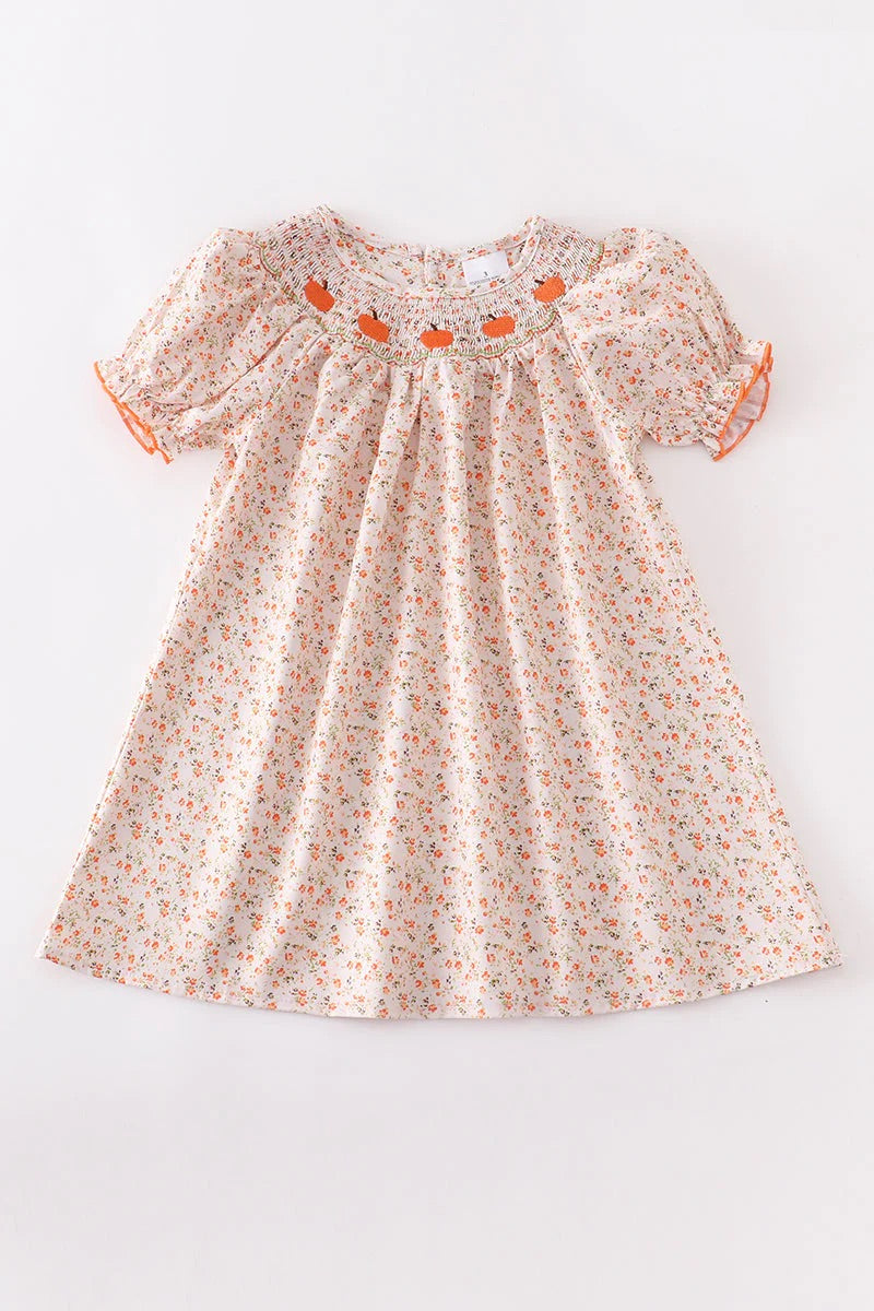 Girl's Smocked Floral Pumpkin Dress 4 Girl's Smocked Floral Pumpkin Dress 4