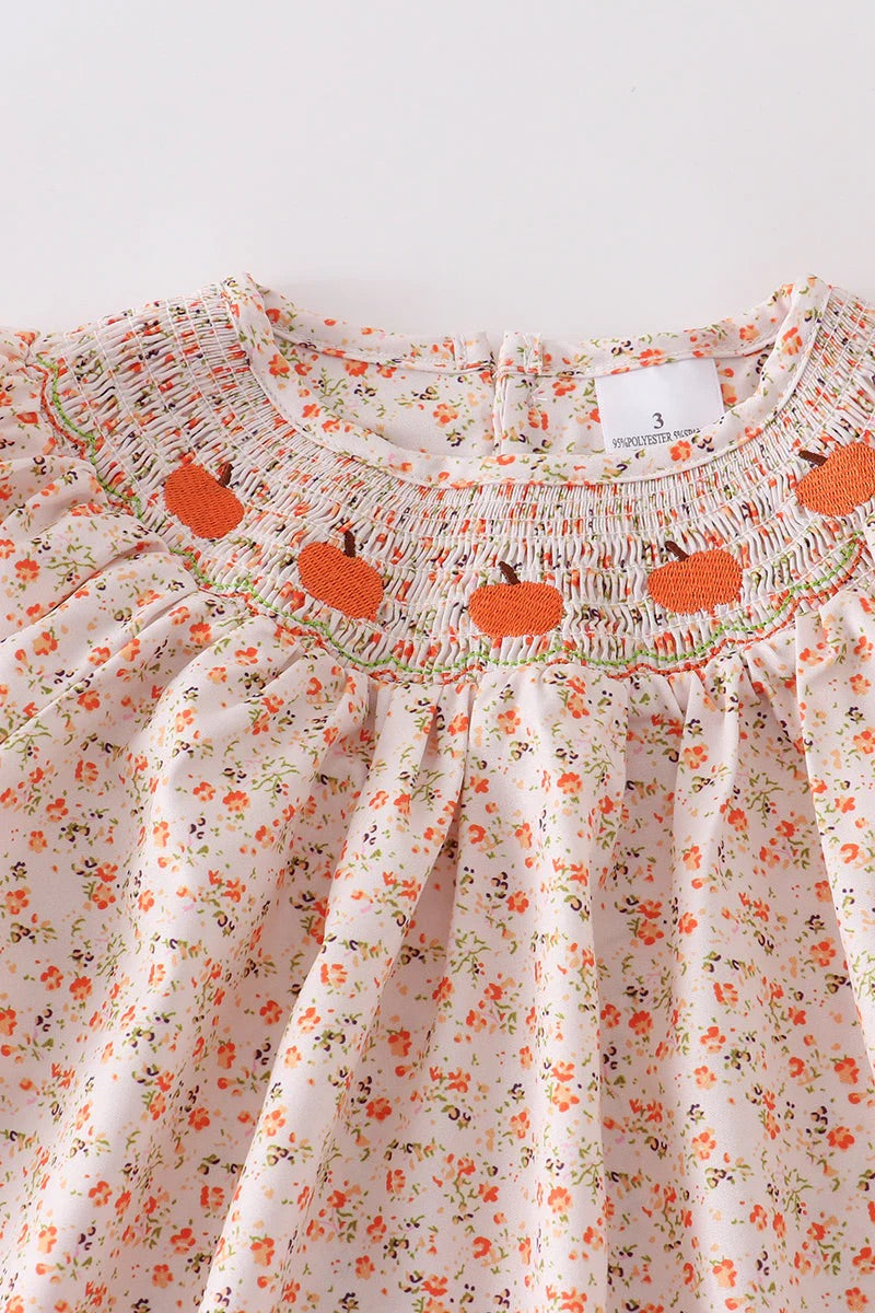 Girl's Smocked Floral Pumpkin Dress 4 Girl's Smocked Floral Pumpkin Dress 4