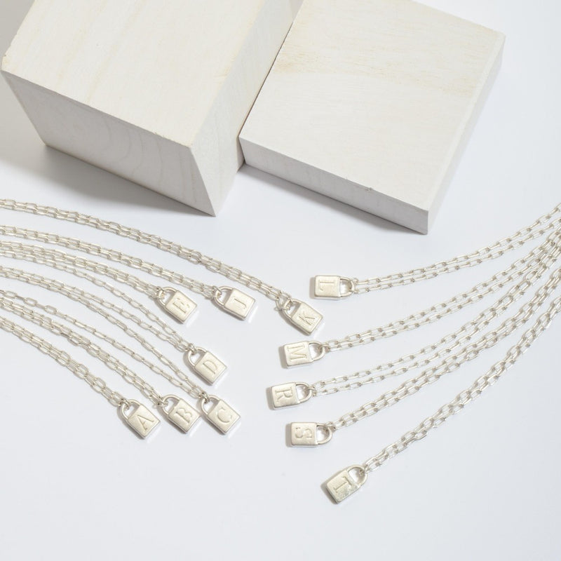Initial Padlock Pendant Necklace, Worn Silver - Monogram Market
