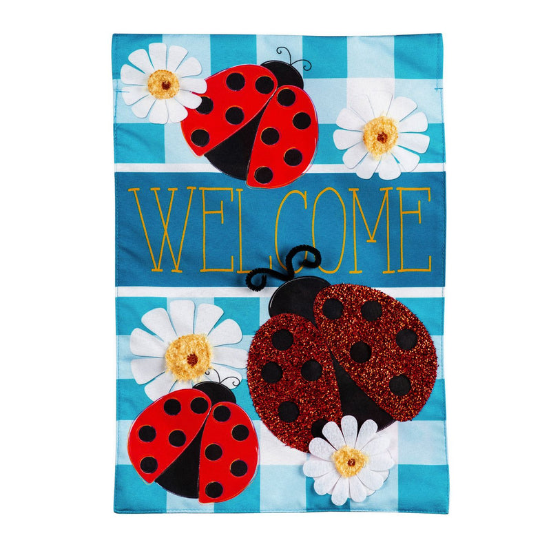 Ladybug Plaid Welcome Garden Linen Flag - Monogram Market