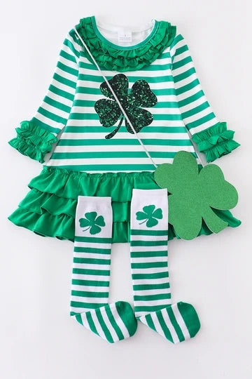 Girl's St. Patrick's Day Clover Dress Set (Dress, Tights & Purse) - Monogram Market