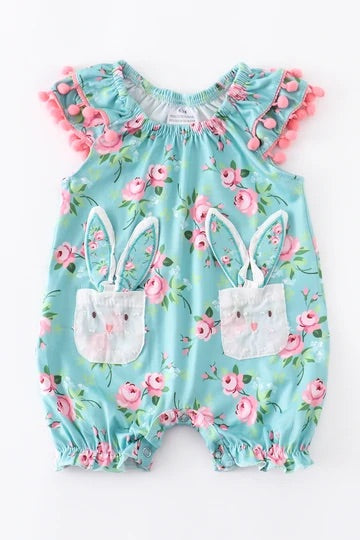 Baby Girl's Mint Floral Bunny Pocket Romper - Monogram Market