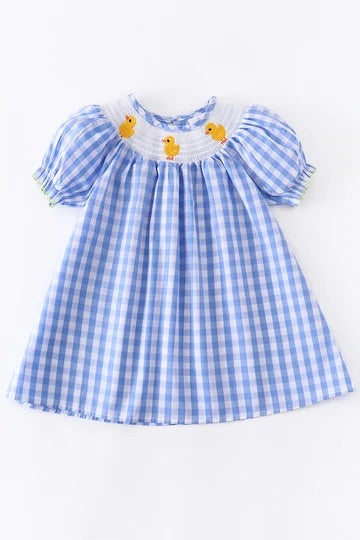 Girl's Blue Gingham Smocked Chick Dress - Monogram Market