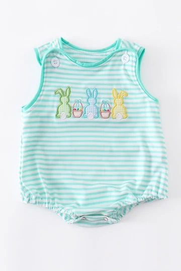 Baby Boy's Easter Bunny Stripe Applique Bubble - Monogram Market