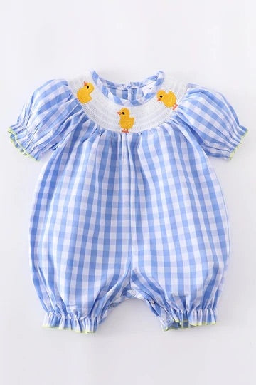 Baby Girl Blue Gingham Smocked Chick Romper - Monogram Market