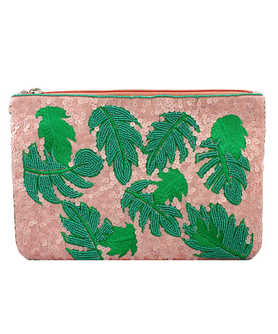 Beaded Clutch, Pink with Palms - Monogram Market