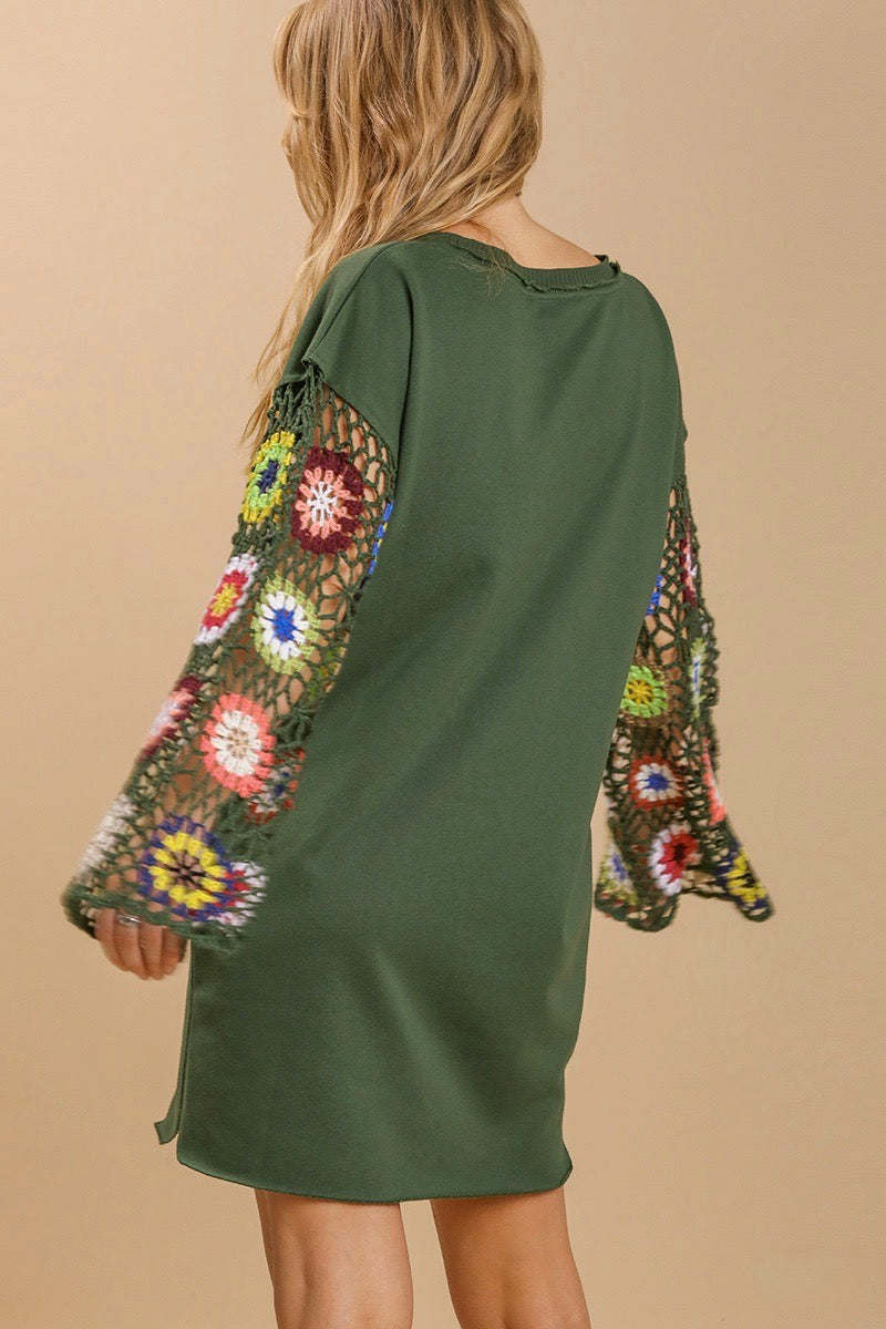 Umgee - French Terry Dress w/ Crochet Patterned Sleeves, Olive M Umgee - French Terry Dress w/ Crochet Patterned Sleeves, Olive M